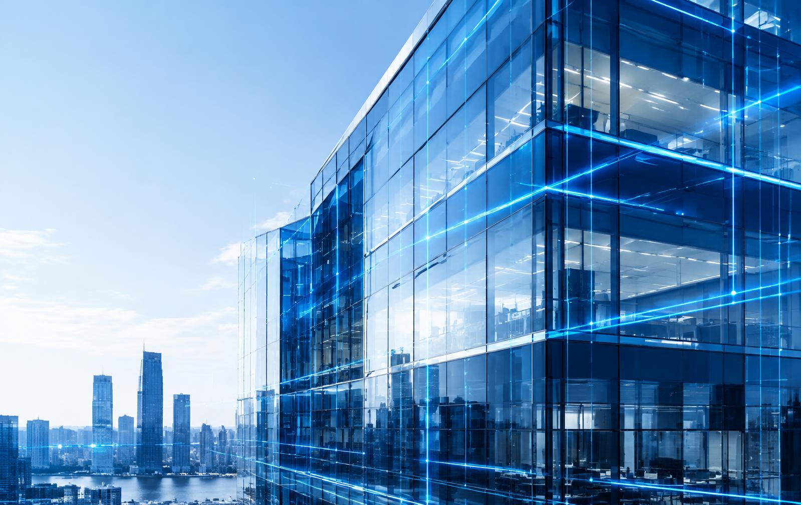 Modern glass business building with connected digital lines